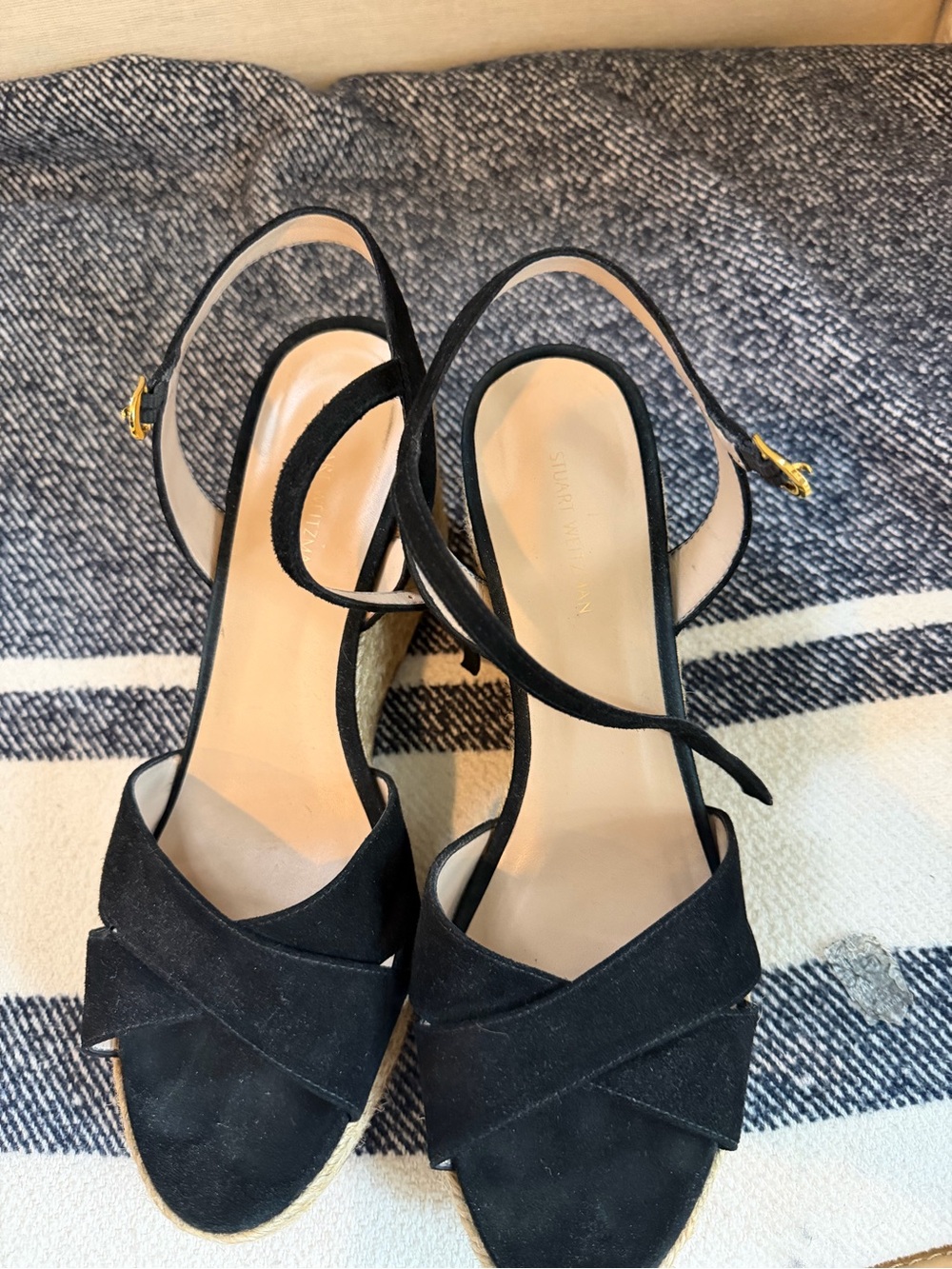 Stuart Weitzman Black Suede Espadrille Wedge Sandals - Picture 3 of 3